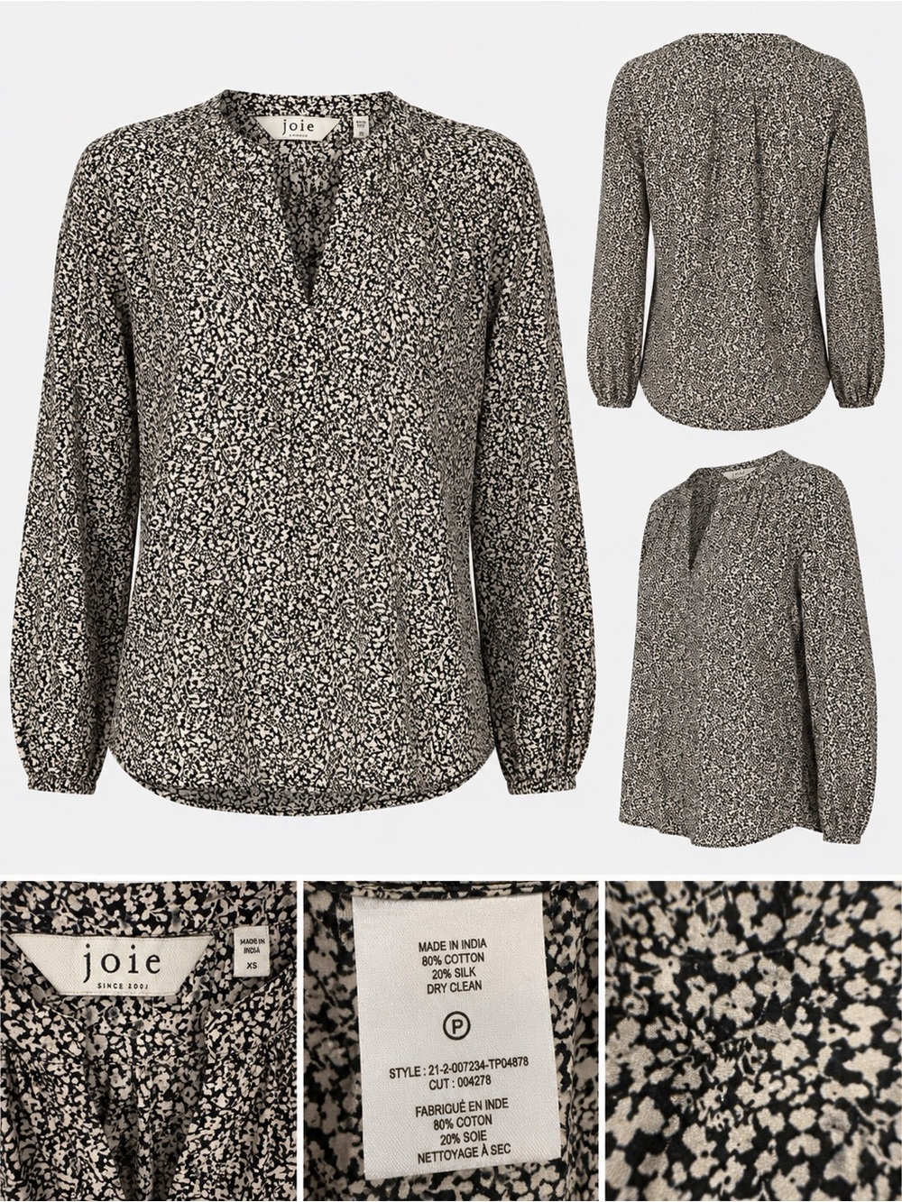 Joie Silk Cotton Floral Print Blouse XS Black Cream Long Sleeve Top
